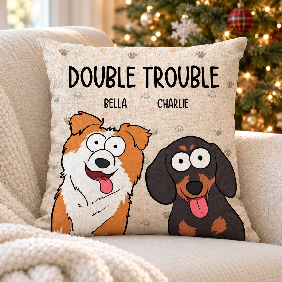 Personalized Double Trouble dog lovers throw pillow on a cozy armchair near a Christmas tree