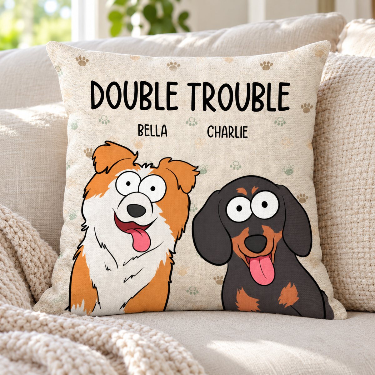 Custom Bella and Charlie dog pillow displayed on a bright living room sofa