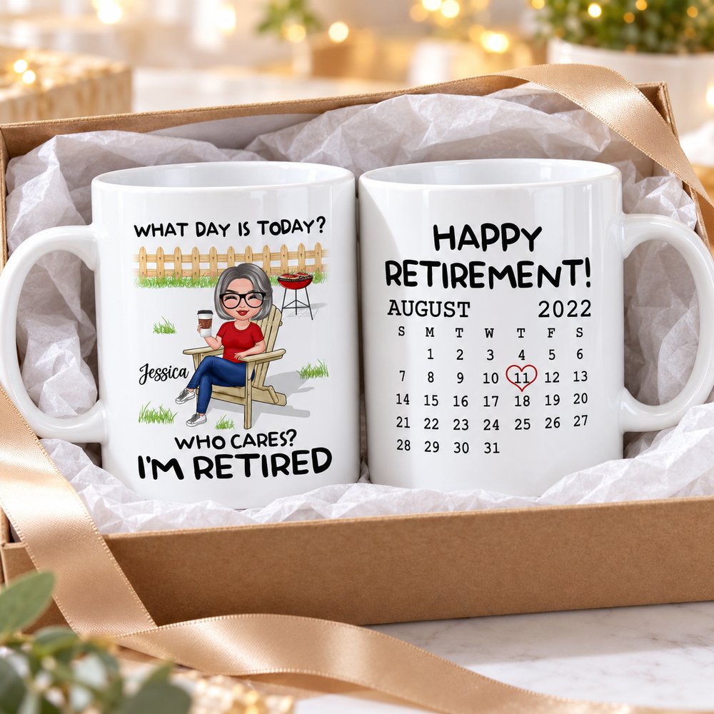 Custom retirement gift mug in open gift box with ribbon for coworker or teacher