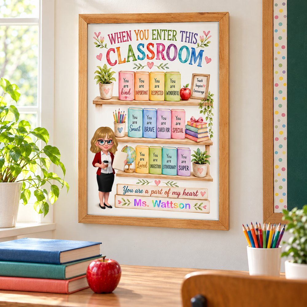 Personalized When You Enter This Classroom teacher poster hanging above a classroom desk