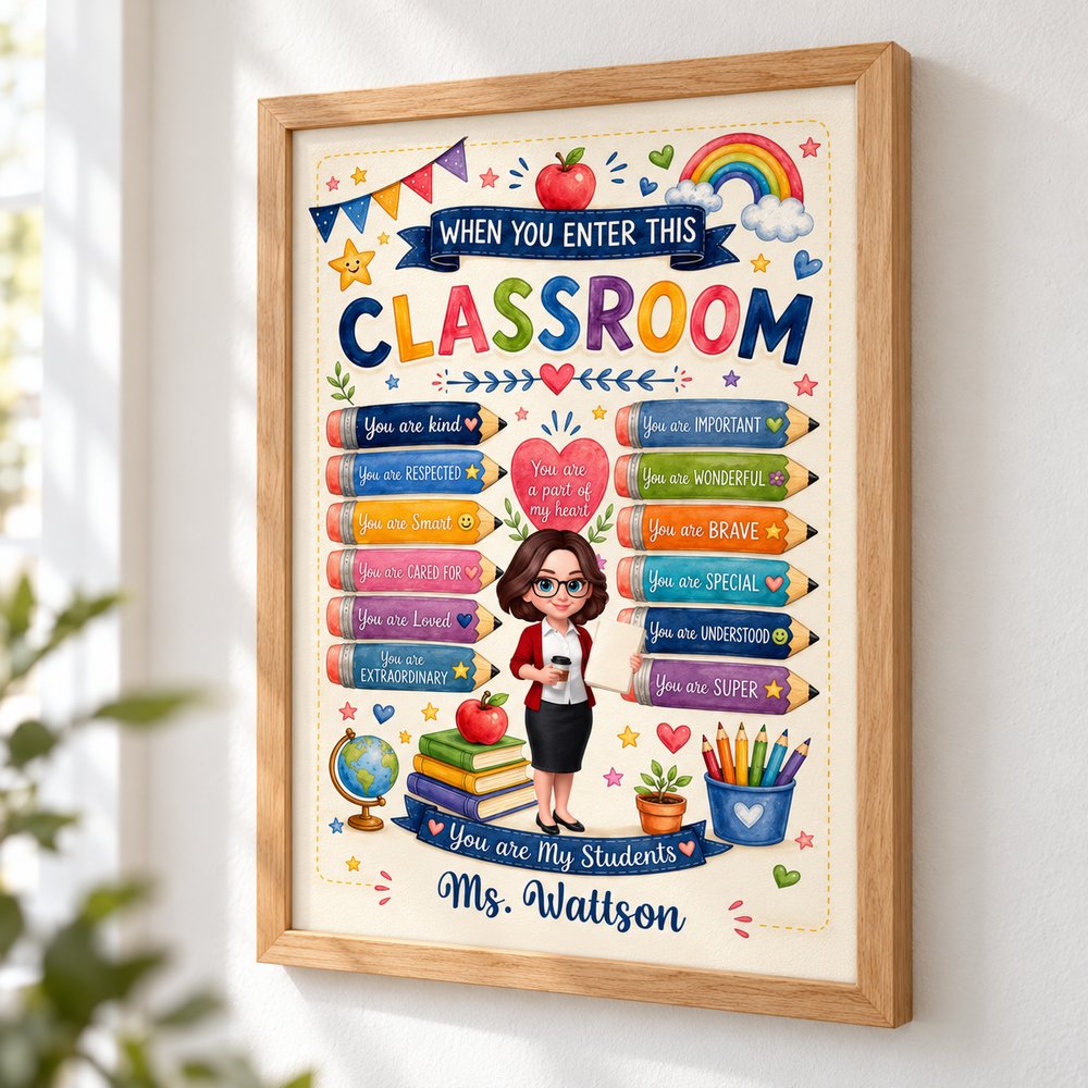 Close up detail of watercolor classroom poster print texture and natural wood frame