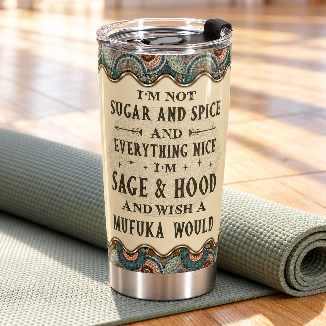 Custom yoga quote 20oz fat tumbler resting on a yoga mat in bright morning light