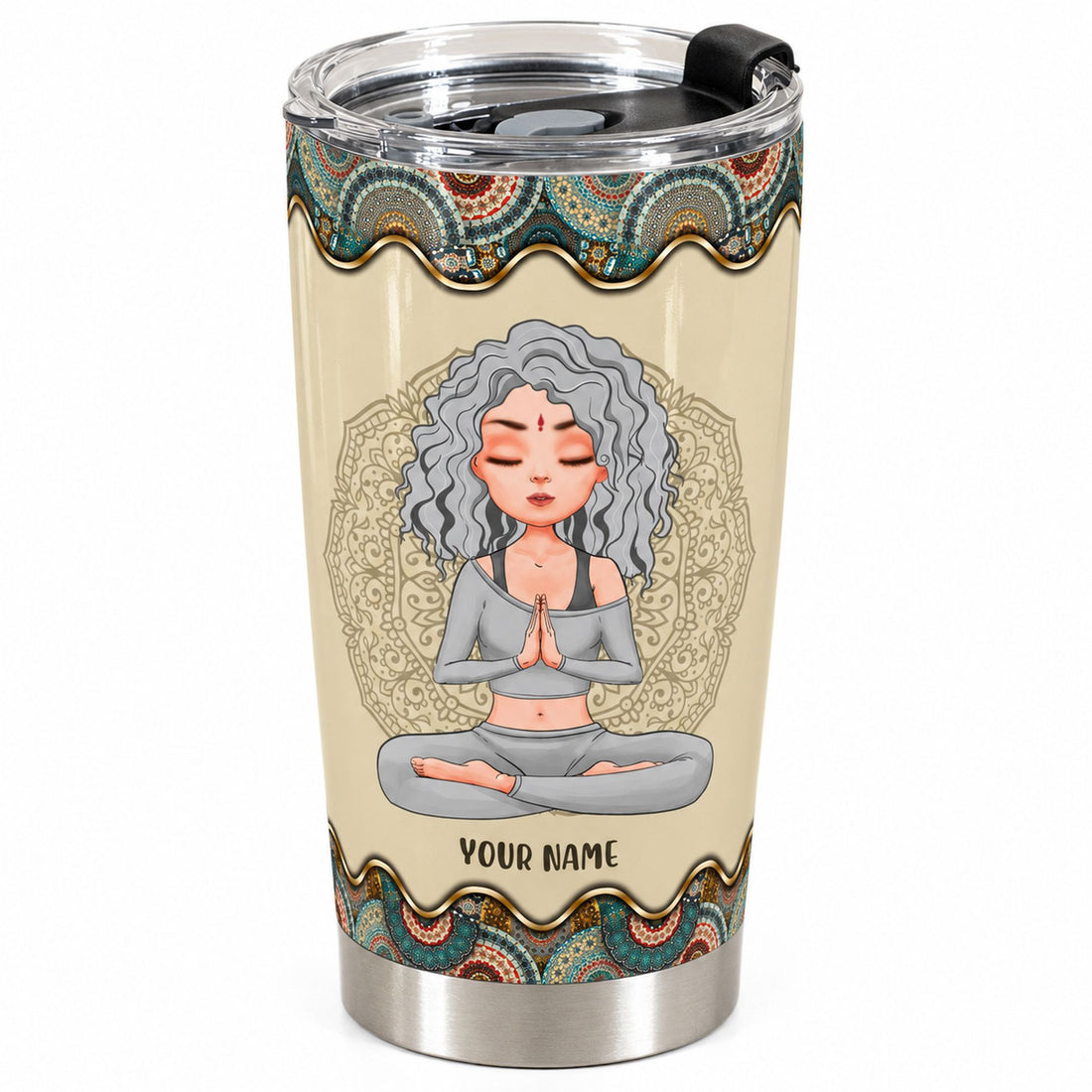 Close-up detail of the mandala border print and clear lid on the 20oz yoga tumbler