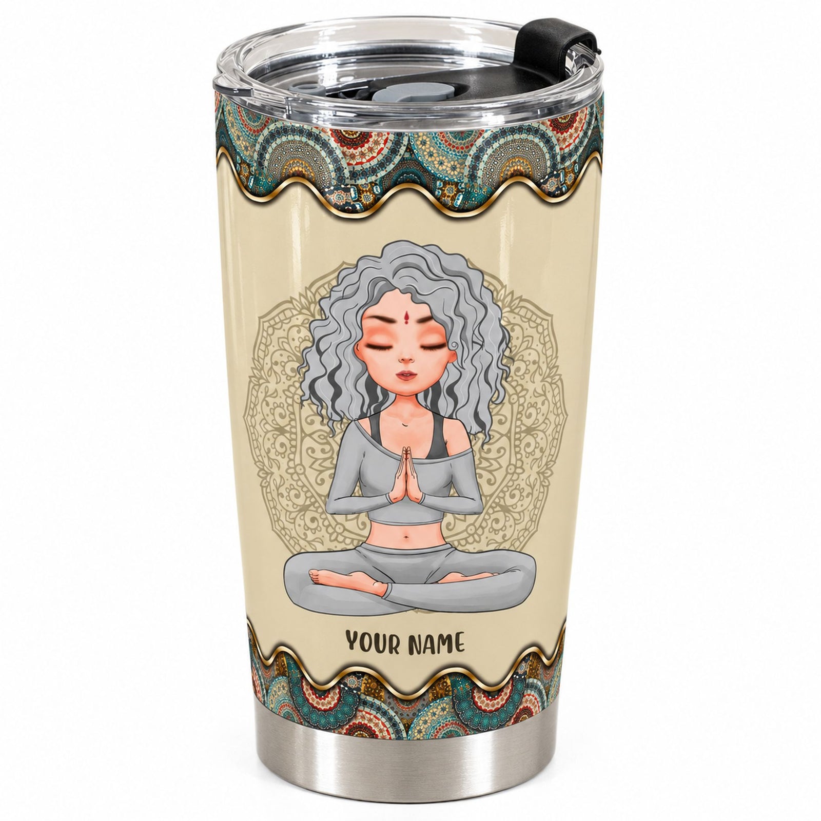 Close-up detail of the mandala border print and clear lid on the 20oz yoga tumbler