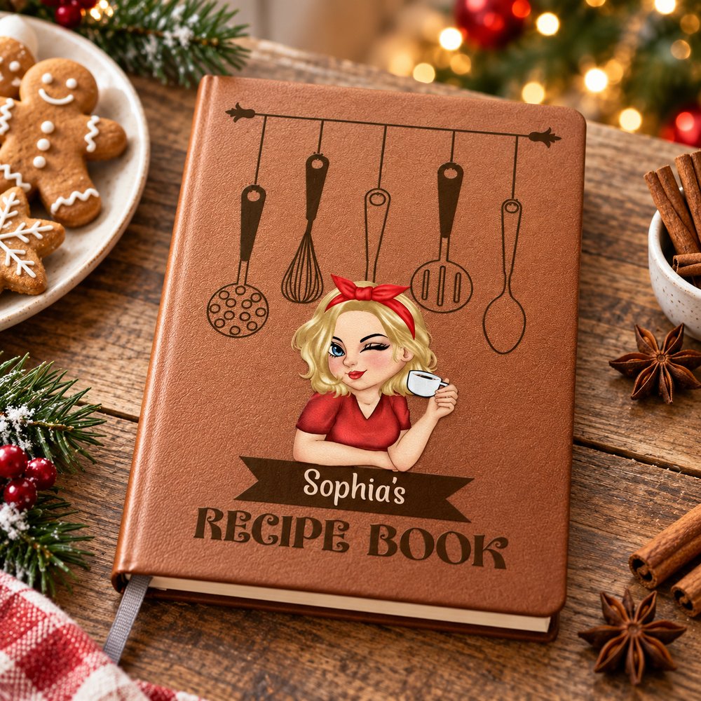 Personalized woman recipe cookbook leather journal in a festive holiday baking scene
