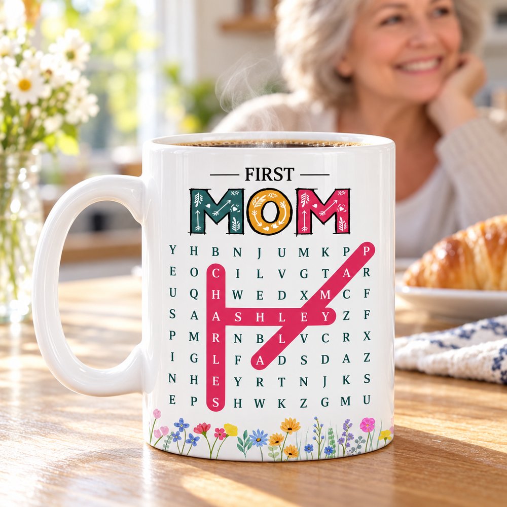 First Mom Now Grandma custom word search mug with hot coffee on a sunny wooden breakfast table