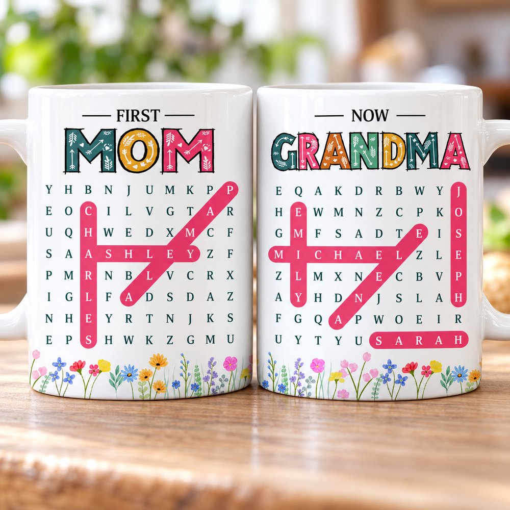 Close-up detail of word search grid and floral print on personalized Mom Grandma ceramic mug