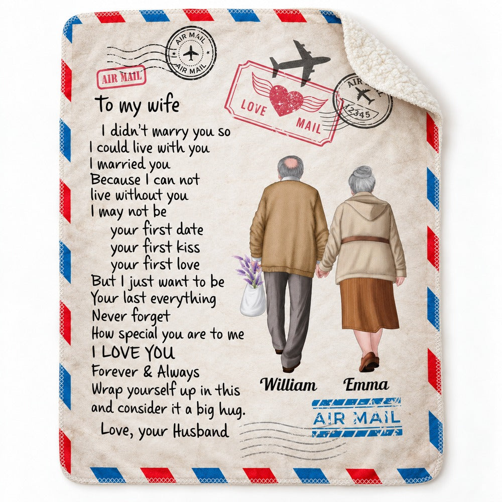 Close-up detail of personalized couple blanket print and fluffy sherpa backing
