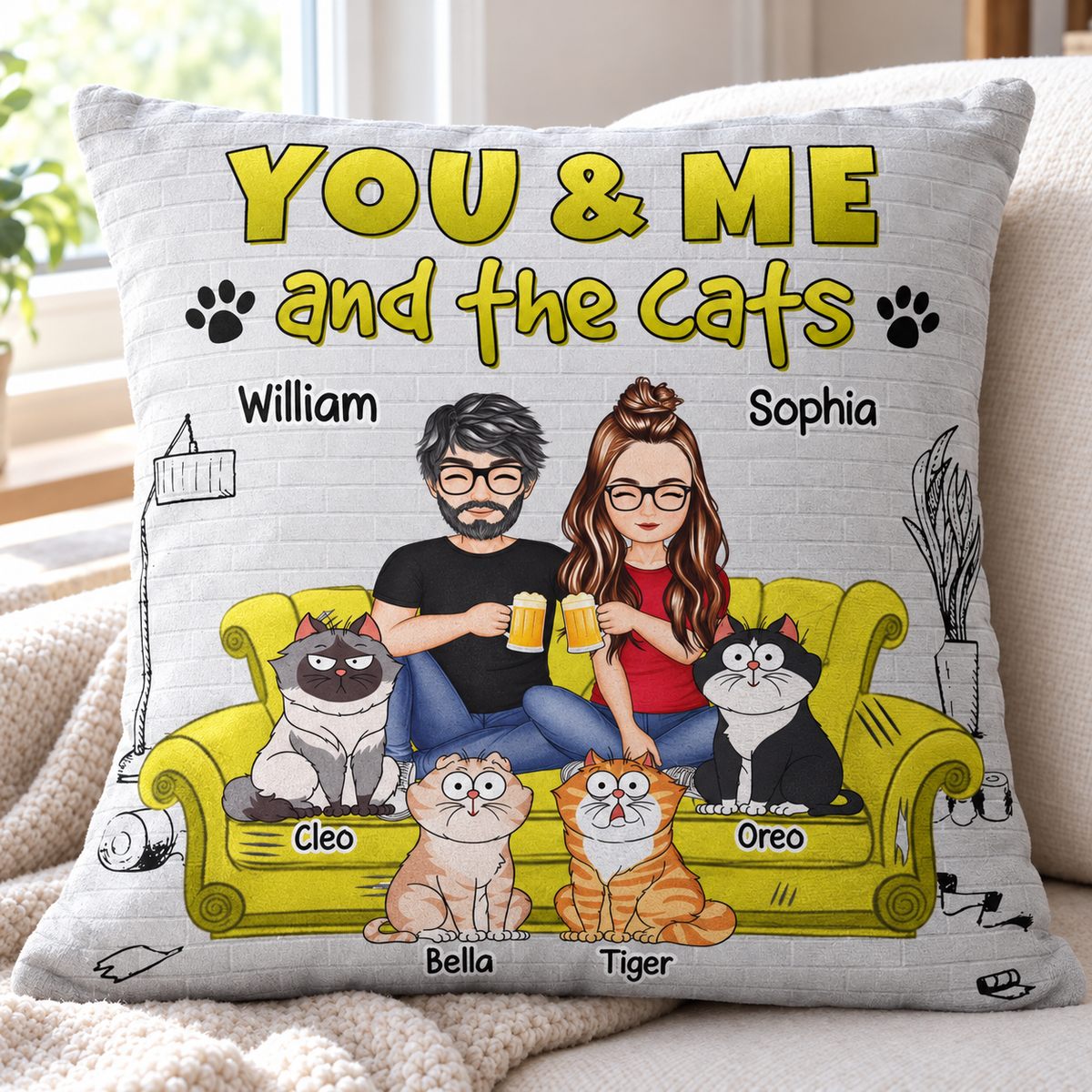 Close-up detail of crystal velvet fabric and print quality on custom cat couple pillow