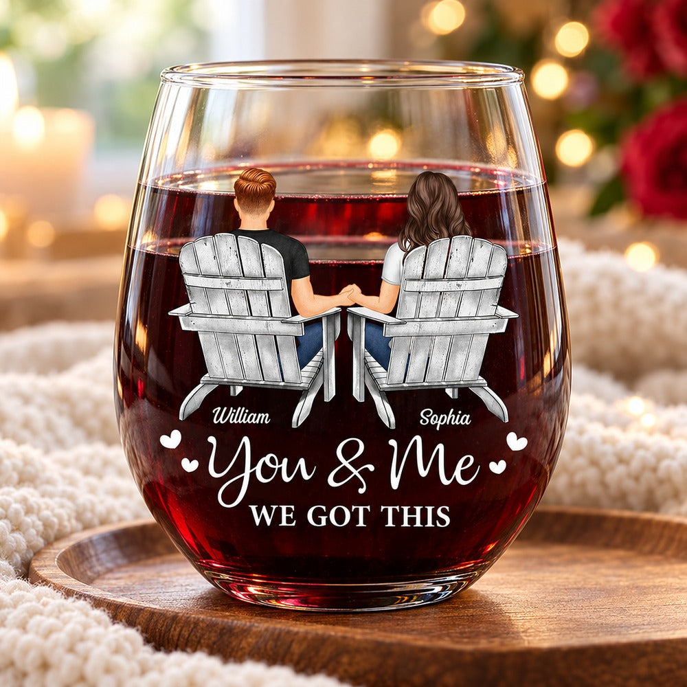 You And Me We Got This personalized stemless wine glass on wooden tray with red wine