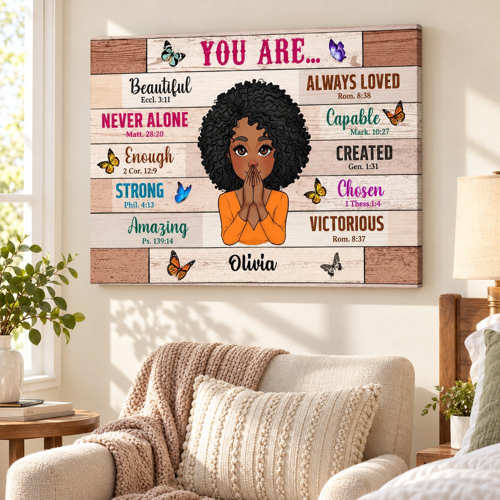 Personalized Christian Black woman horizontal canvas wall art displayed in cozy bedroom