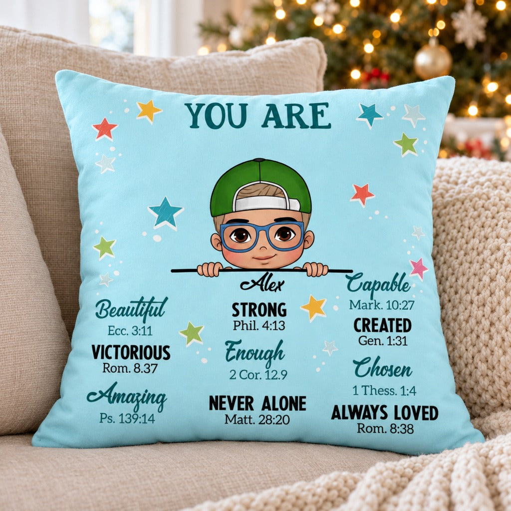 Personalized You Are Bible Verses pillow for grandson Alex on a cozy holiday sofa