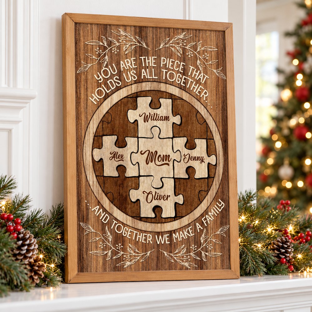 Moms custom puzzle canvas print on a holiday mantel with pine garland