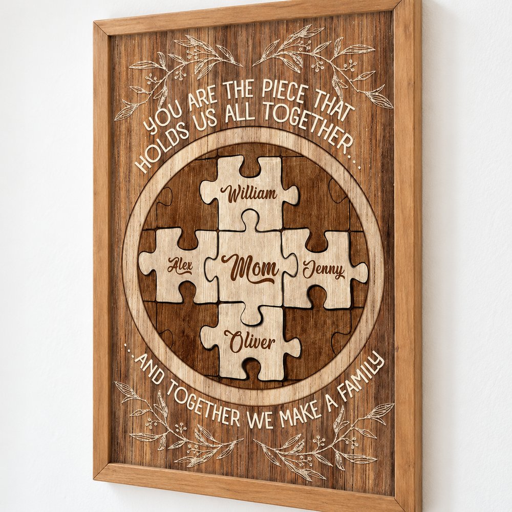 Close up detail of personalized family puzzle piece wall art print and wood frame