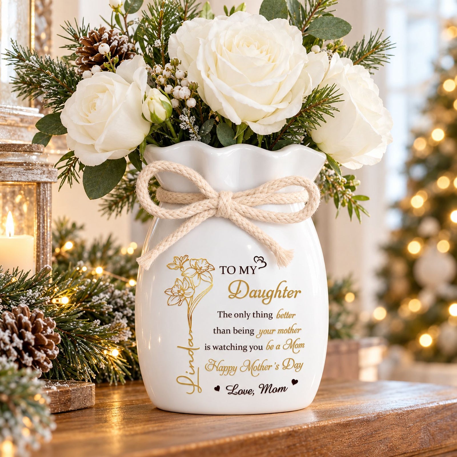 Personalized To My Daughter ceramic flower vase with rope bow on holiday mantel with white roses