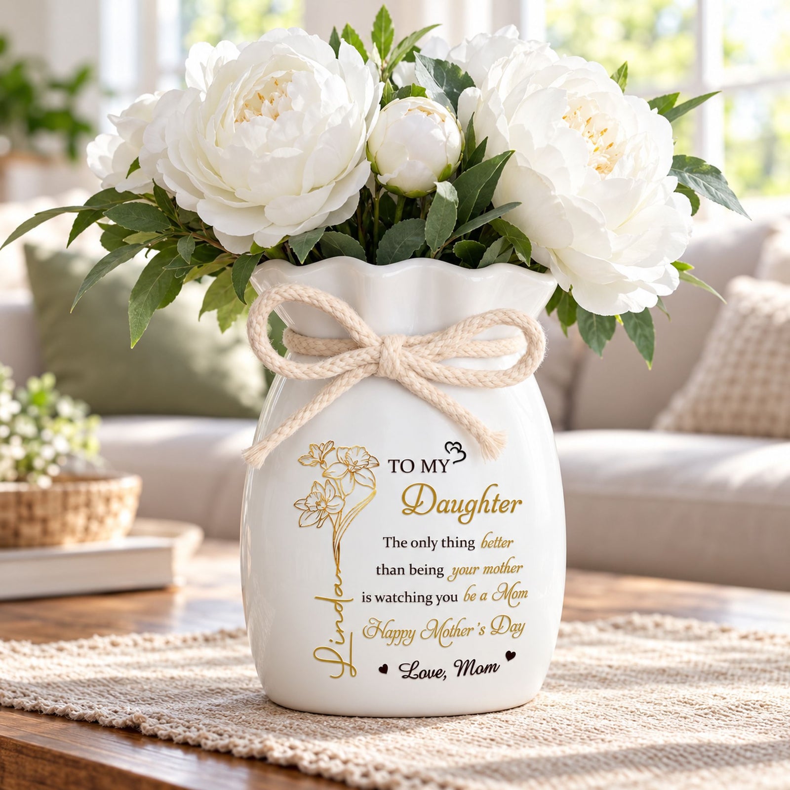 Personalized Daughter flower vase with ribbon displayed on a bright living room coffee table
