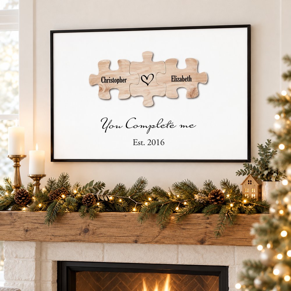 Personalized You Complete Me couple puzzle framed print hanging above a holiday mantel