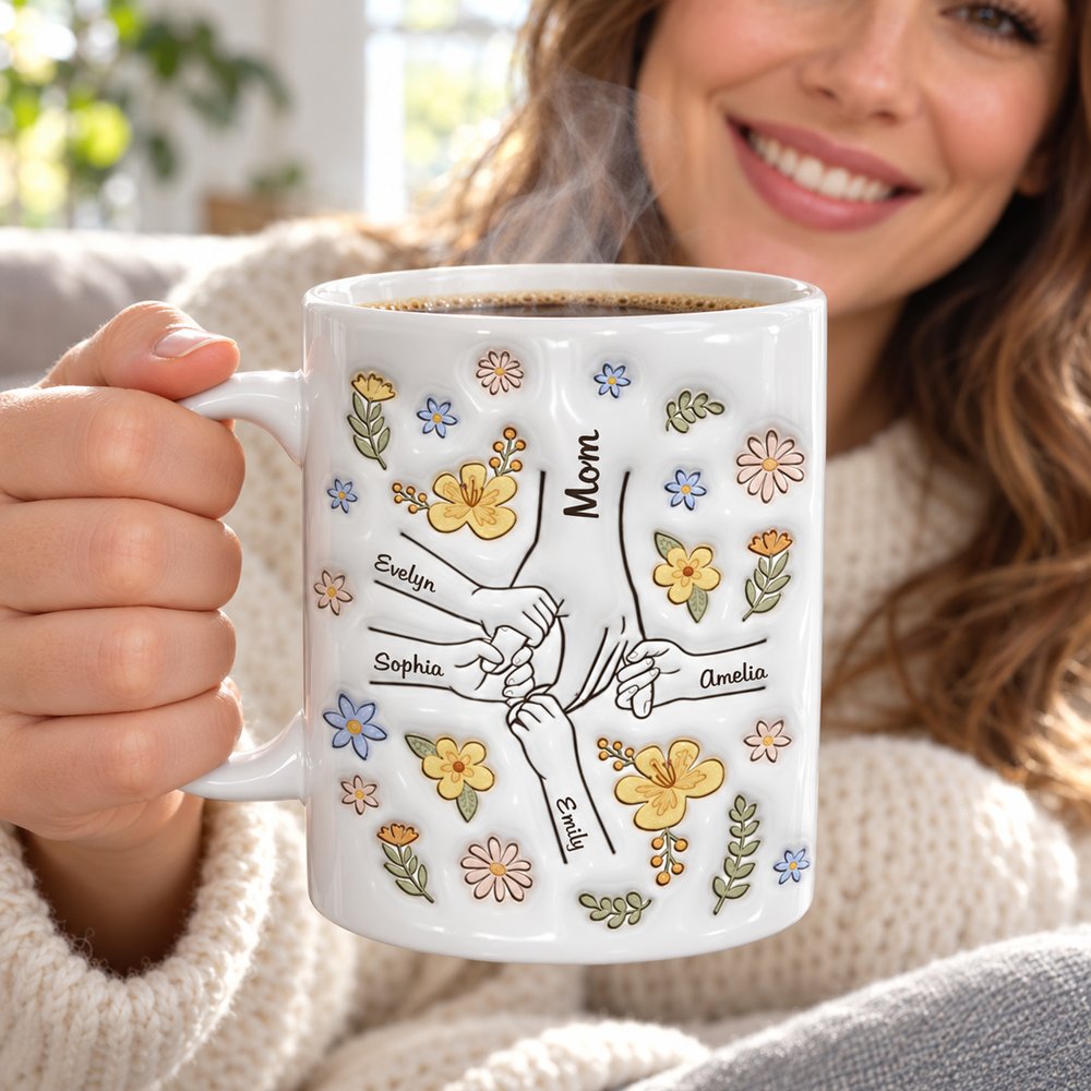 Mom holding personalized 3D inflated effect mug with steam rising in bright cozy living room