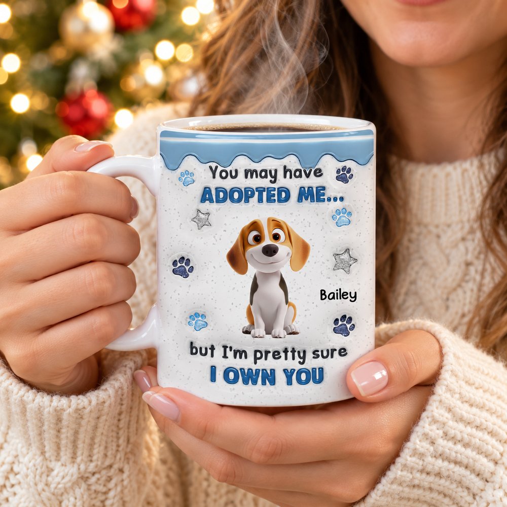 Dog mom holding personalized Adopted Me 3D inflated effect dog mug with steam rising