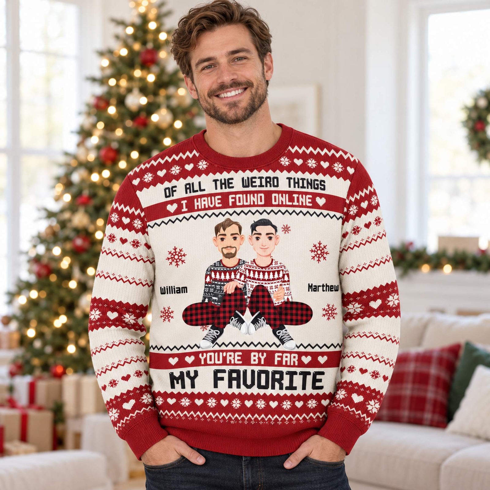 Man wearing personalized couple ugly Christmas sweater in festive living room