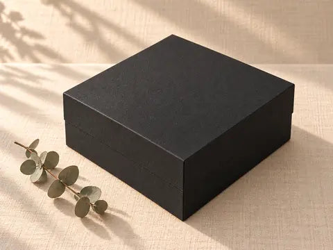 Closed matte black gift box with lift-off lid