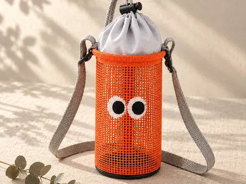Orange mesh bottle bag with shoulder strap