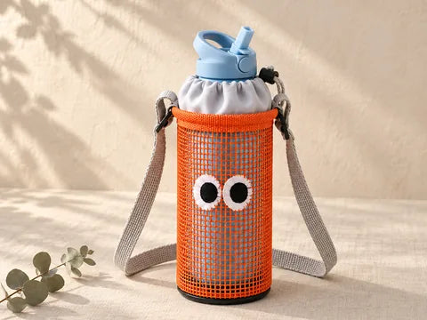 Kids water bottle inside the orange mesh bag